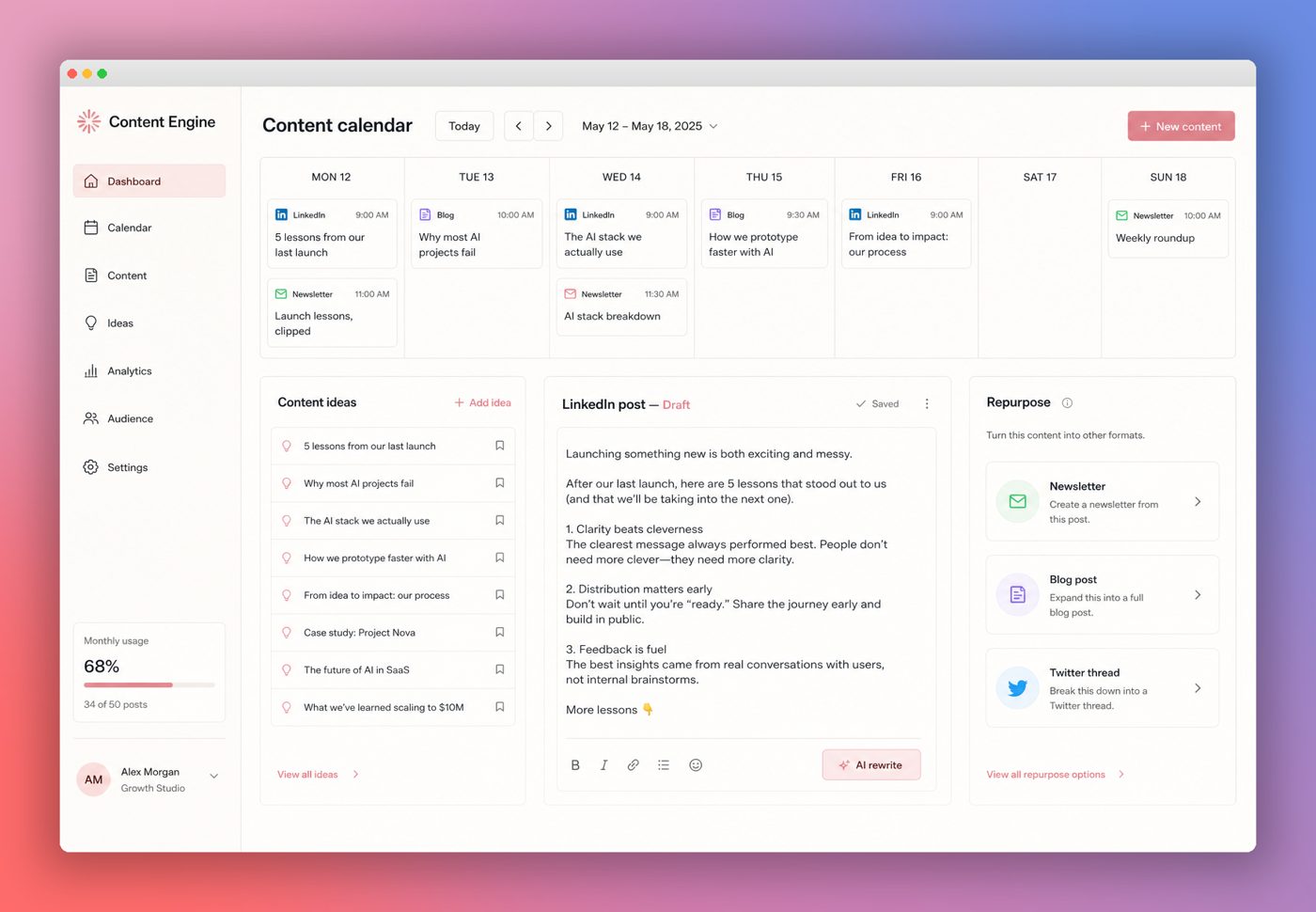 Content System preview with a weekly calendar