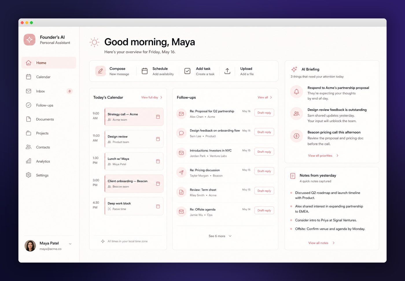 Marketing Assistant chat and daily briefing preview