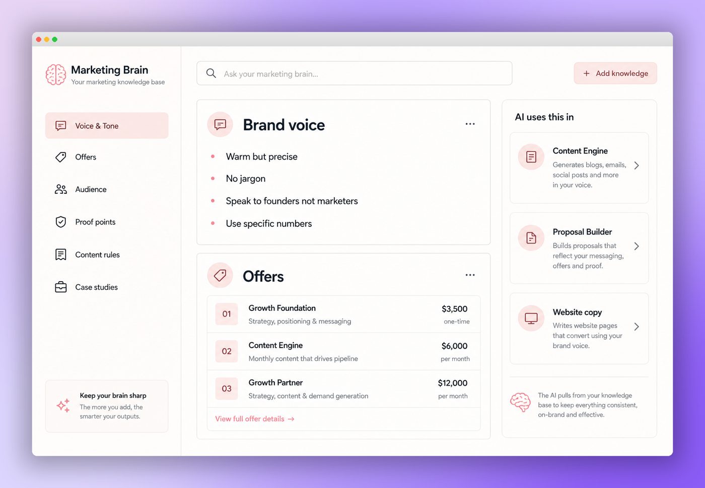 AI Brand Hub preview showing brand voice, messaging and connected content