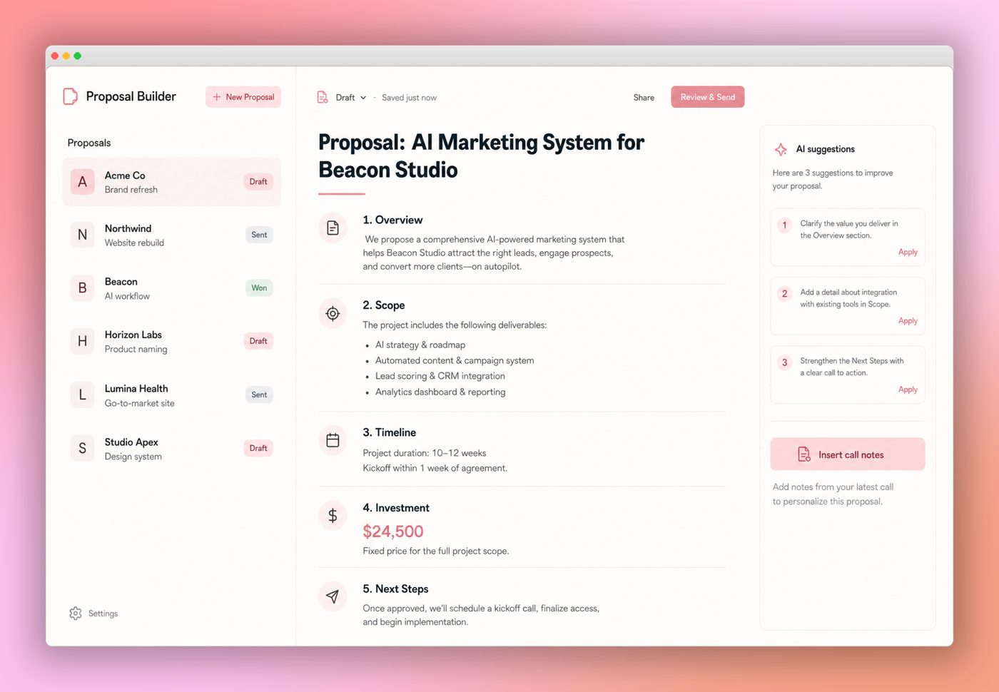 Proposal System preview with a draft editor
